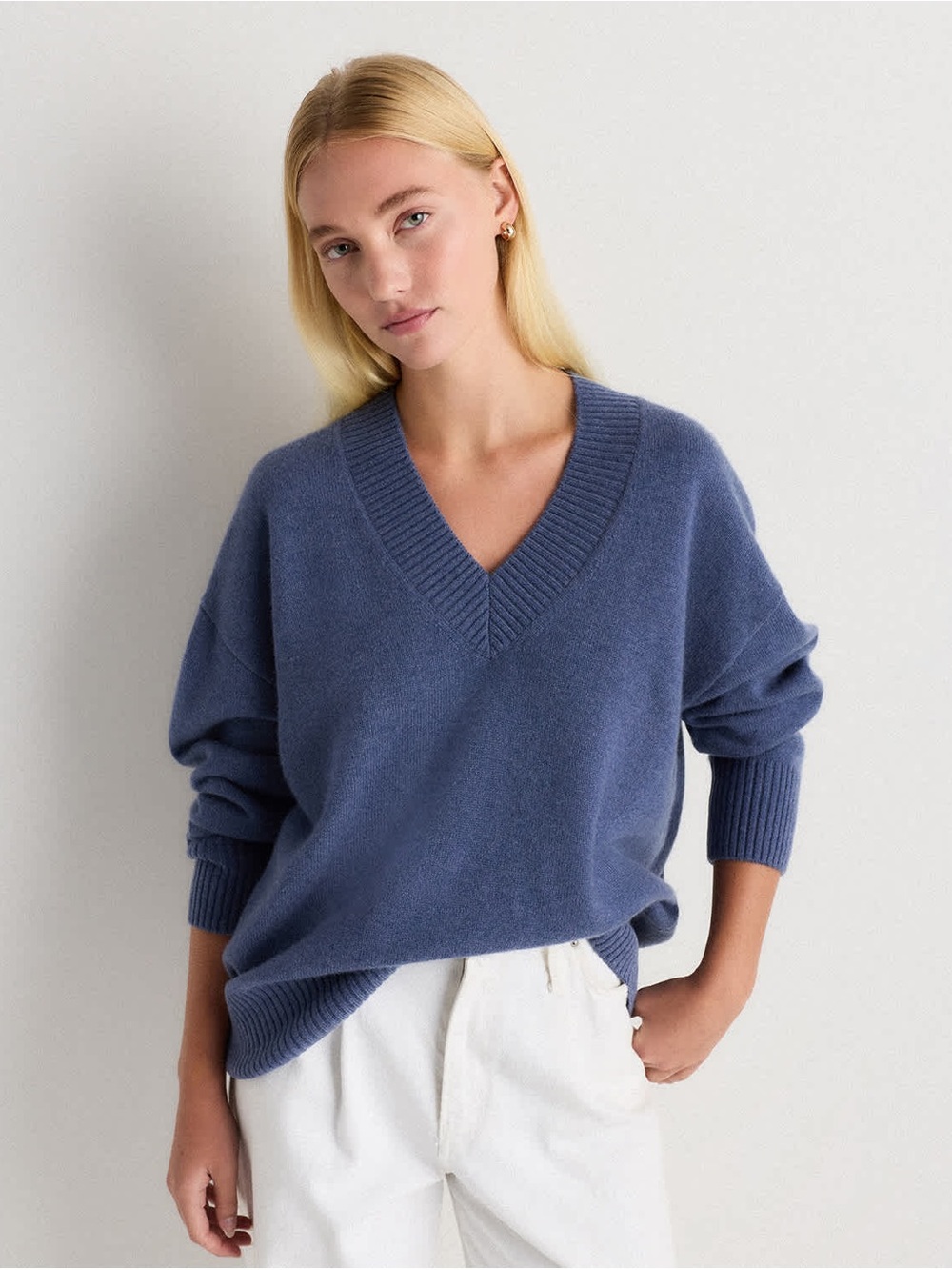 Quince Mongolian Cashmere Oversized V-Neck in Heather Storm Blue